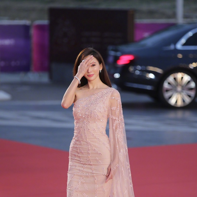 台湾美女明星林志玲身穿裸色长裙女神范十足亮