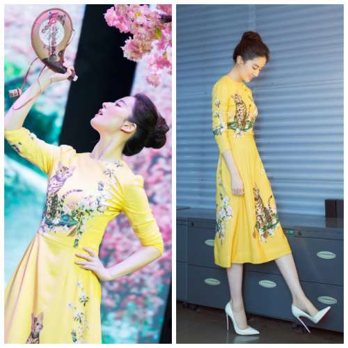 小仙女刘亦菲丸子头搭配黄色连衣裙出席活动照