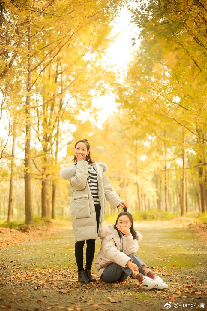 清纯姐妹花秋天枫叶林图片